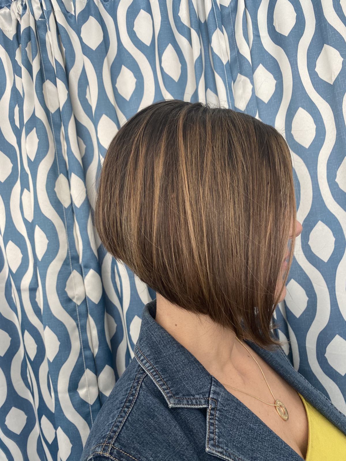 A sleek brunette A-line bob with soft highlights